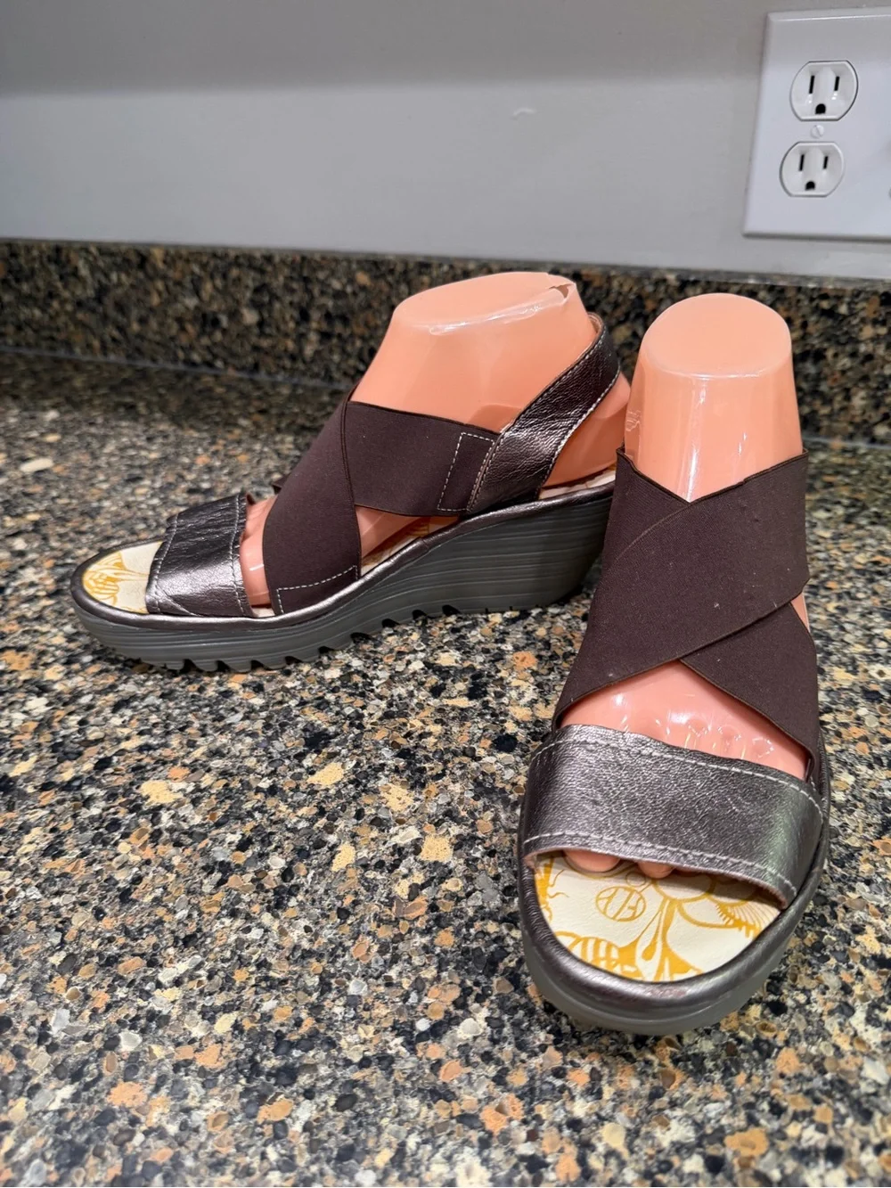 Fly London Yaji Women’s Brown Metallic Wedge Sandals with Elastic Cross Straps 3